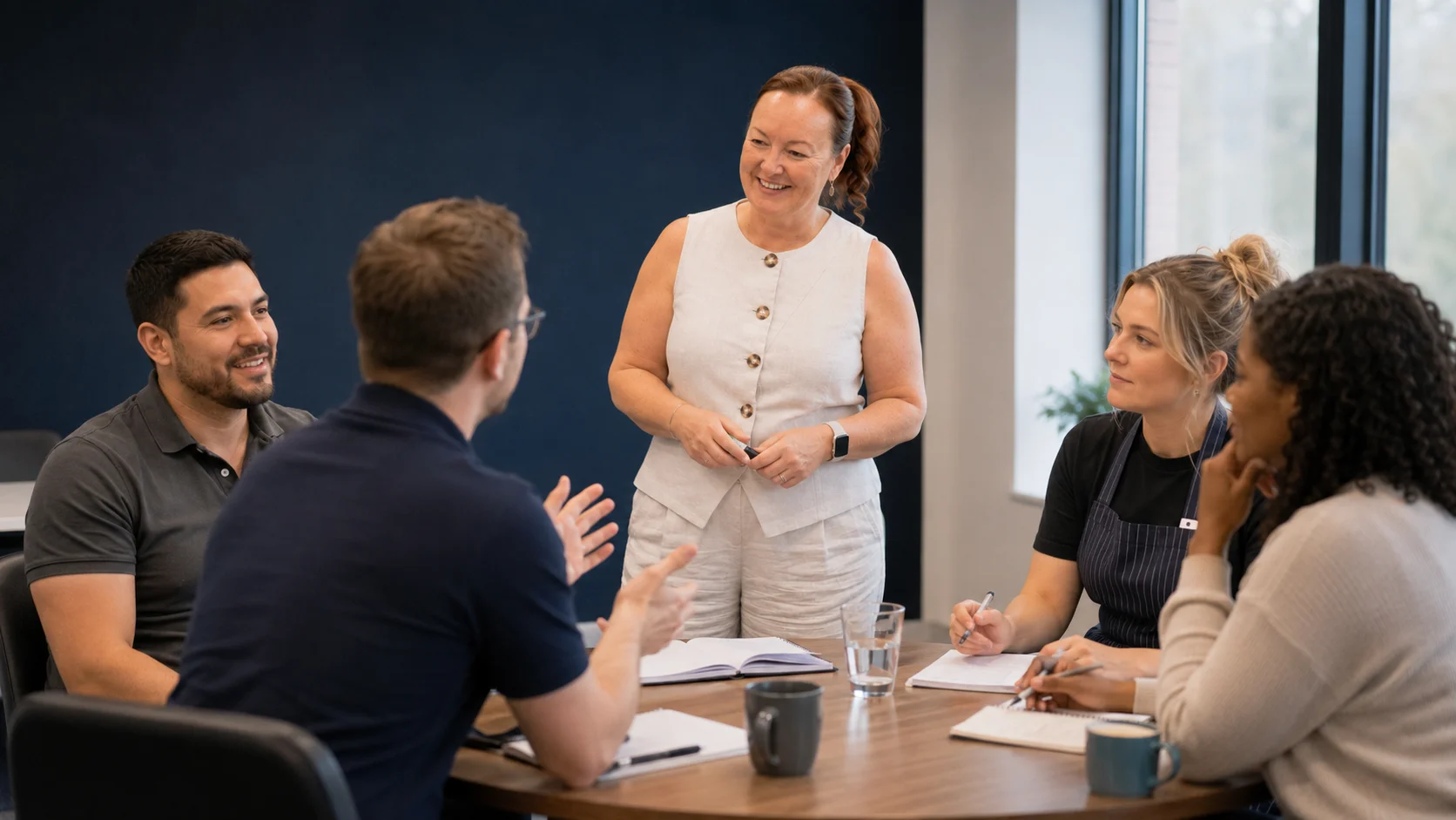 A trainer leading a group discussion around a table
